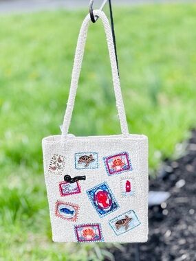 Coastal Stamp Beaded Mini Tote – Lobster & Nautical Motif